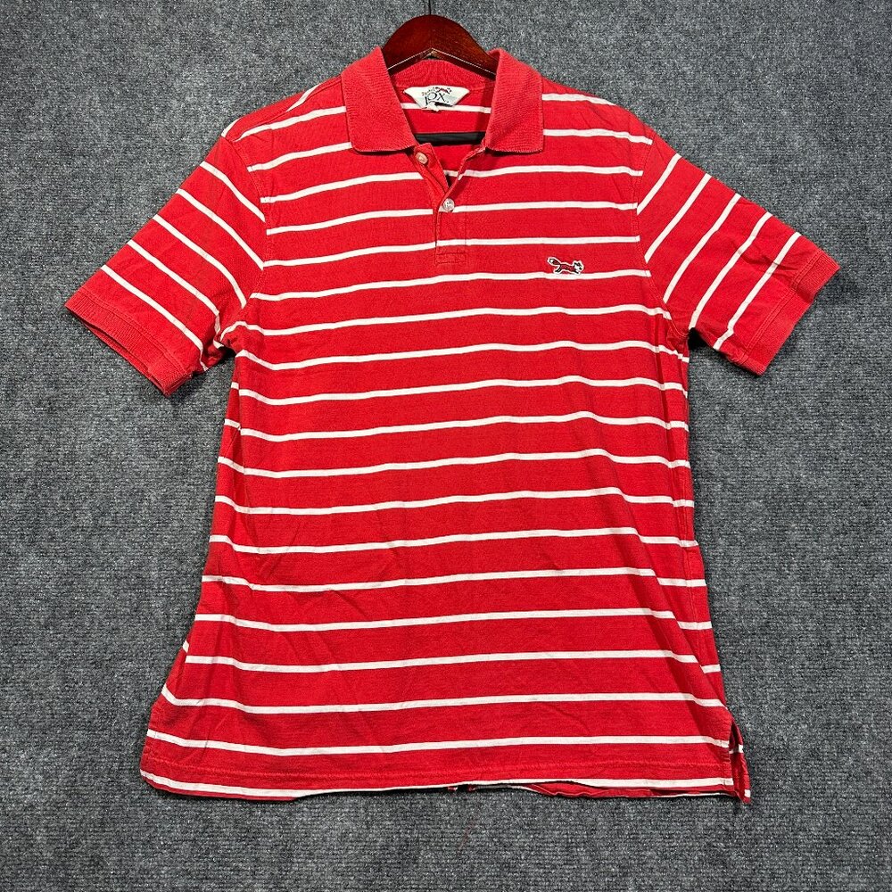 Vintage Retro Fox Polo Shirt Mens Large Red White Cotton Stripe Short Sleeve